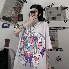 Dark Anime Cute Girl Print Short Sleeve T-shirt