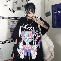 Dark Anime Cute Girl Print Short Sleeve T-shirt