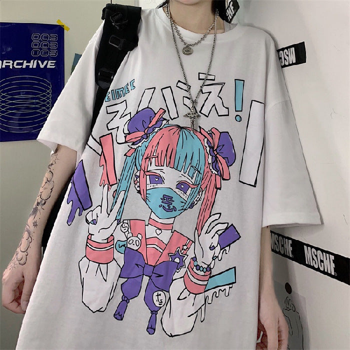 Dark Anime Cute Girl Print Short Sleeve T-shirt