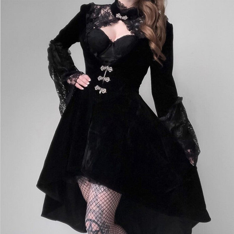 Dark Style Retro Lace Patchwork Hollowed Out Lantern Sleeve Dress