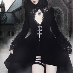 Dark Style Retro Lace Patchwork Hollowed Out Lantern Sleeve Dress