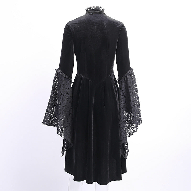 Dark Style Retro Lace Patchwork Hollowed Out Lantern Sleeve Dress