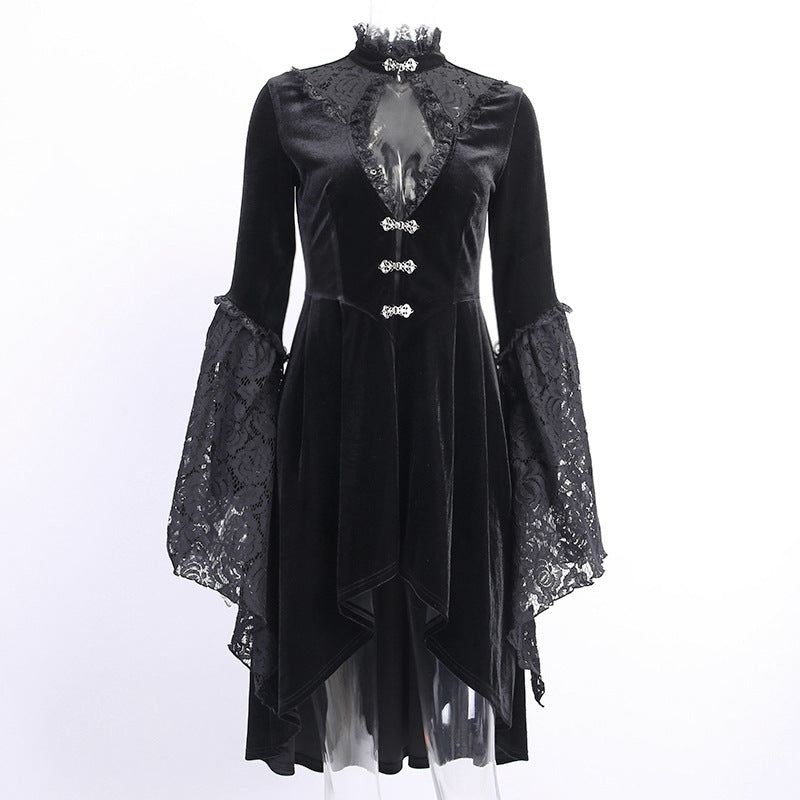 Dark Style Retro Lace Patchwork Hollowed Out Lantern Sleeve Dress