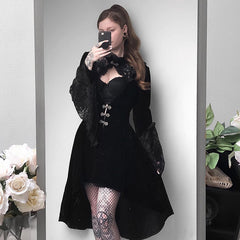 Dark Style Retro Lace Patchwork Hollowed Out Lantern Sleeve Dress