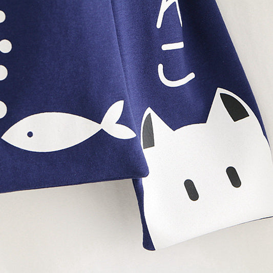 Japanese Style Navy Tie Cat Print Striped T-shirt