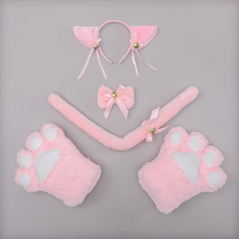 Cute Plush Cat Paw Bow Tie Ears Tail Cosplay Headband Set