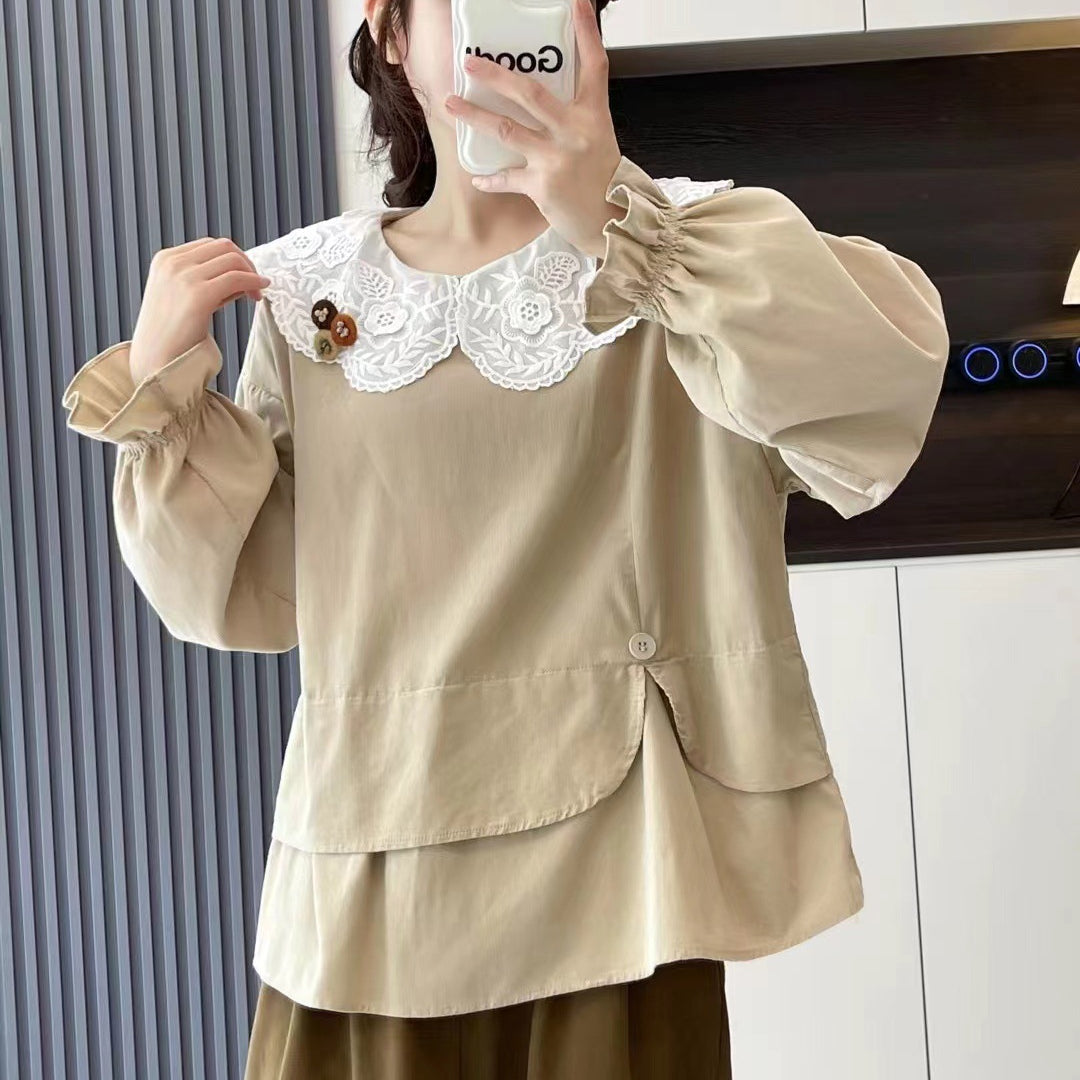 Women's Double layered Lace Doll Neck Shirt