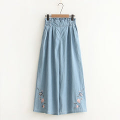 Casual Fresh Floral Embroidery Elastic Waist Wide-leg Pants