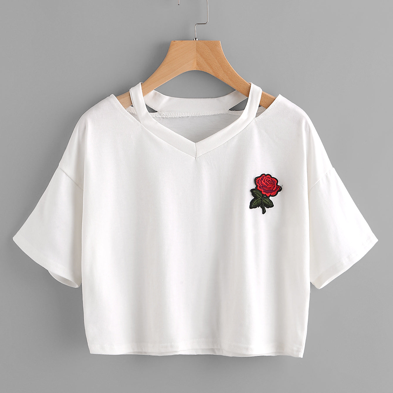 Sexy Rose Embroidered Short Sleeve Cropped T-shirt