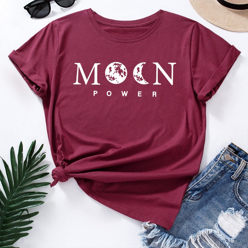 Women's Moon Power Print Loose Round Neck T-shirt