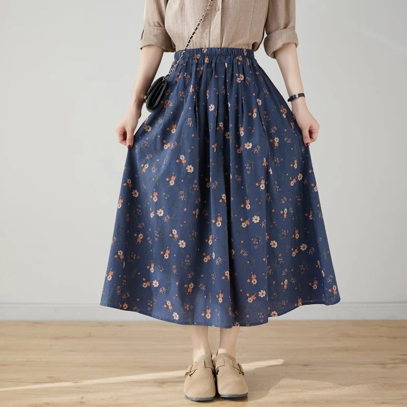 Retro Style Women's Elastic Waist Mid-length Floral Skirt