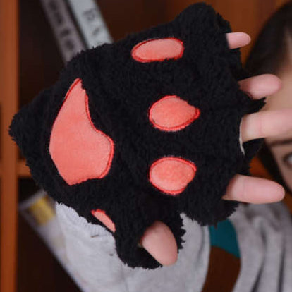 Half-fingered Cartoon Bear Cat Paws Fluff Gloves