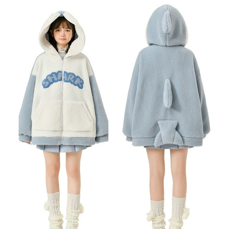 Cartoon Shark Zipper Plush Thick Hooded Coat Outerwear