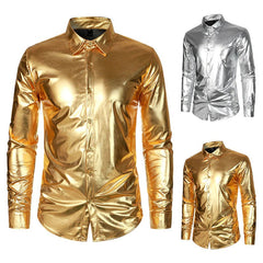 Trendy Men's Metal Shiny Disco Party Glossy Nightclub Blouse