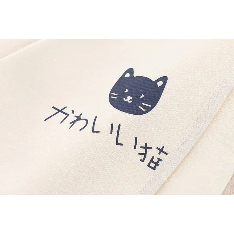 Korean Fashion Cartoon Cat Print Stripes Hooded Coat