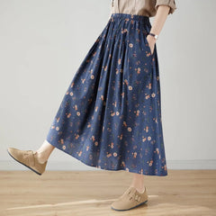 Retro Style Women's Elastic Waist Mid-length Floral Skirt