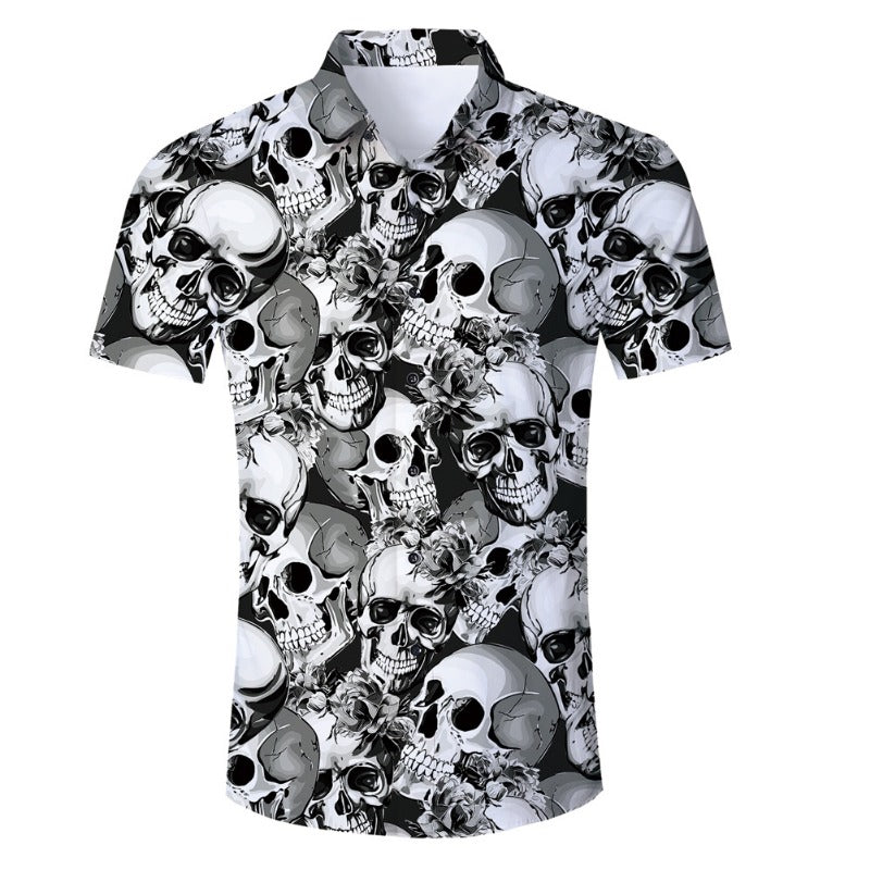 Casual Men's Skull 3D Print Lapel Short-sleeved Shirt