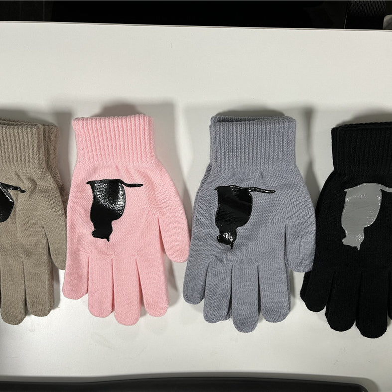 Women's Cat and Bird Printed Knitted Outdoor Gloves