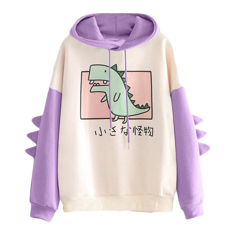 Japanese Style Cute Dinosaur Print Velvet Warm Hoodie