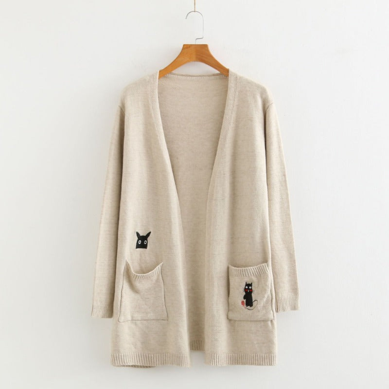 Cute Cat Embroidered Preppy Style Long Cardigan