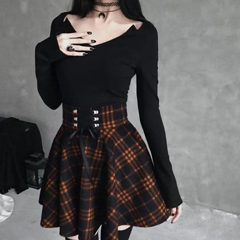 Casual Girls' Plaid Irregular Ribbon Waist Slim Skirt