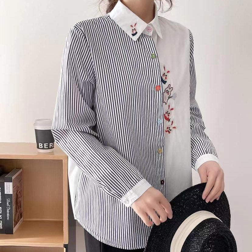 Versatile Women's Polo Collar Rabbit Embroidery Shirt