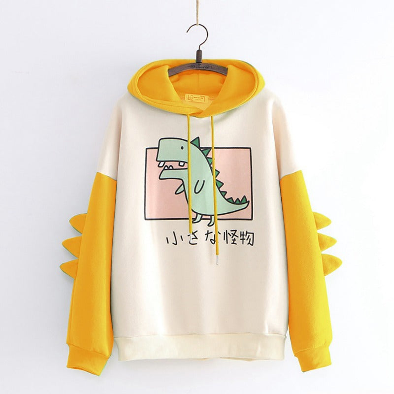 Japanese Style Cute Dinosaur Print Velvet Warm Hoodie