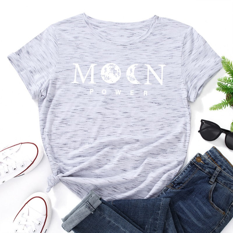 Women's Moon Power Print Loose Round Neck T-shirt