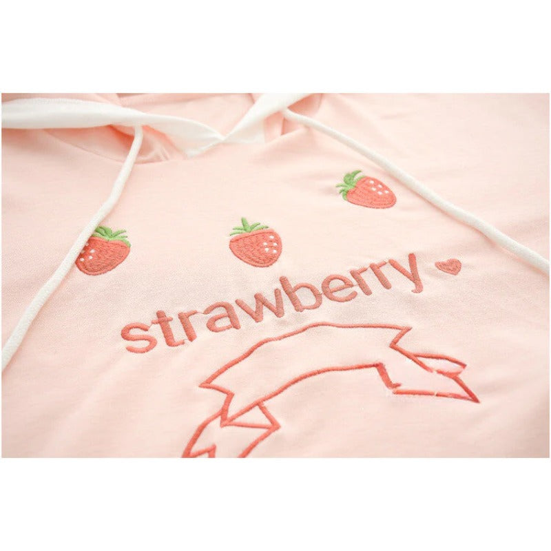 Cute Strawberry Embroidered Drawstring Hoodie