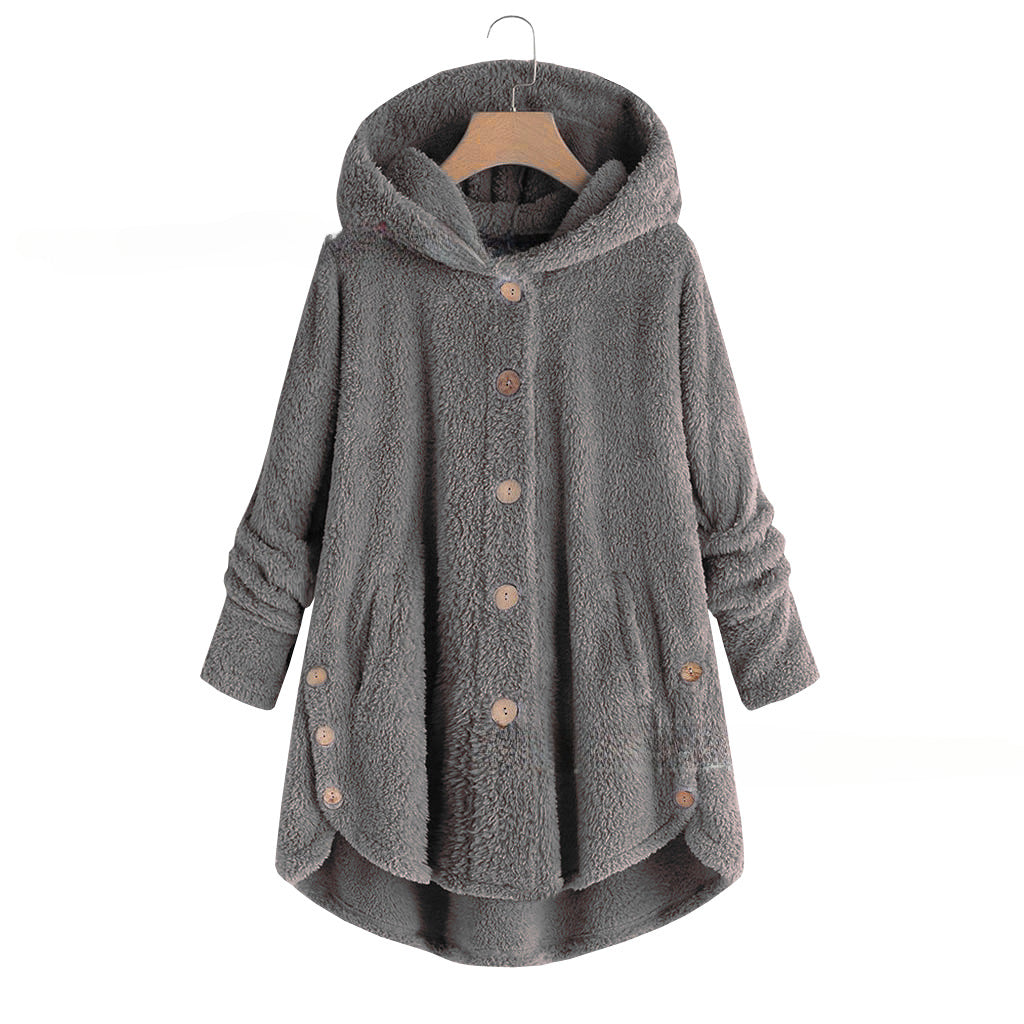 Women's Button Up Plush Irregular Solid Color Coat