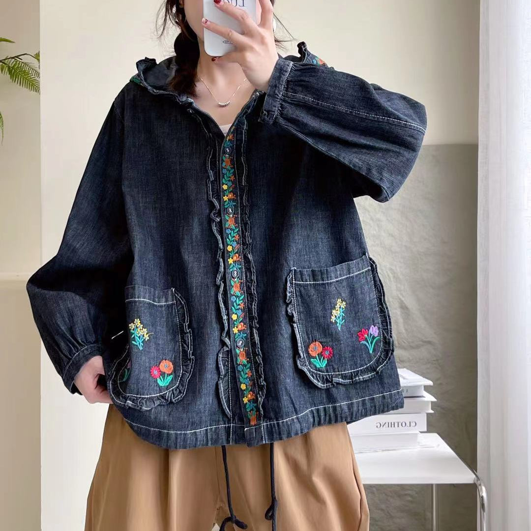 Retro Style Floral Embroidered Hooded Denim Jacket