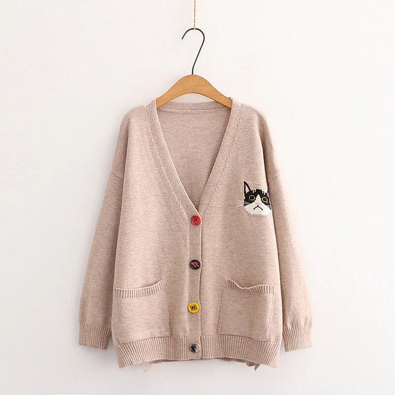 Aesthetic Kitten Embroidered V-neck Cardigan