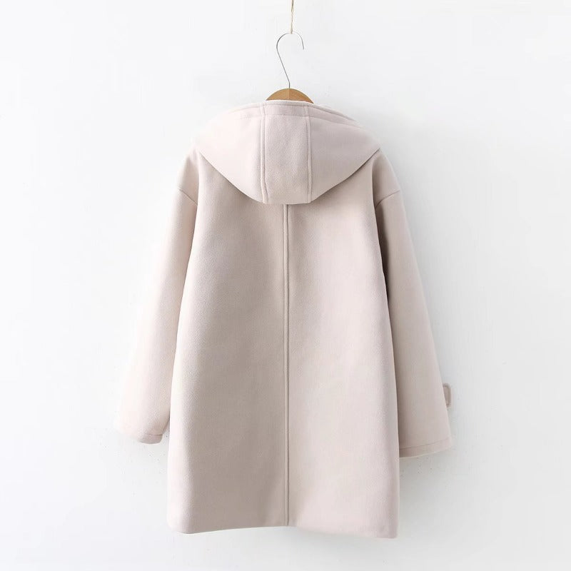 Korean Style Solid Color Horn Button Loose Pockets Coat