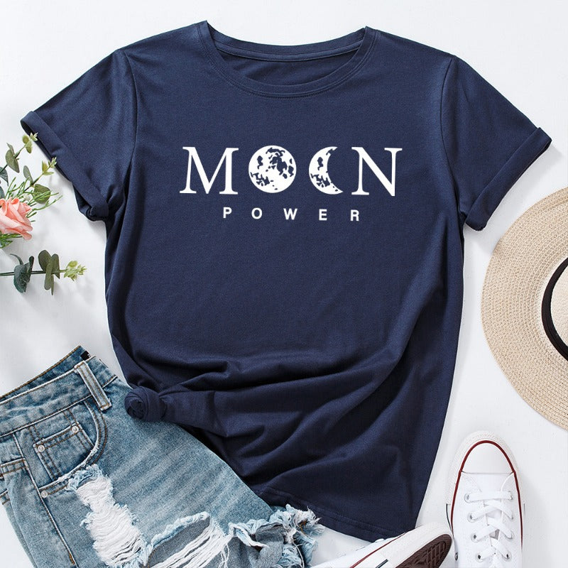 Women's Moon Power Print Loose Round Neck T-shirt