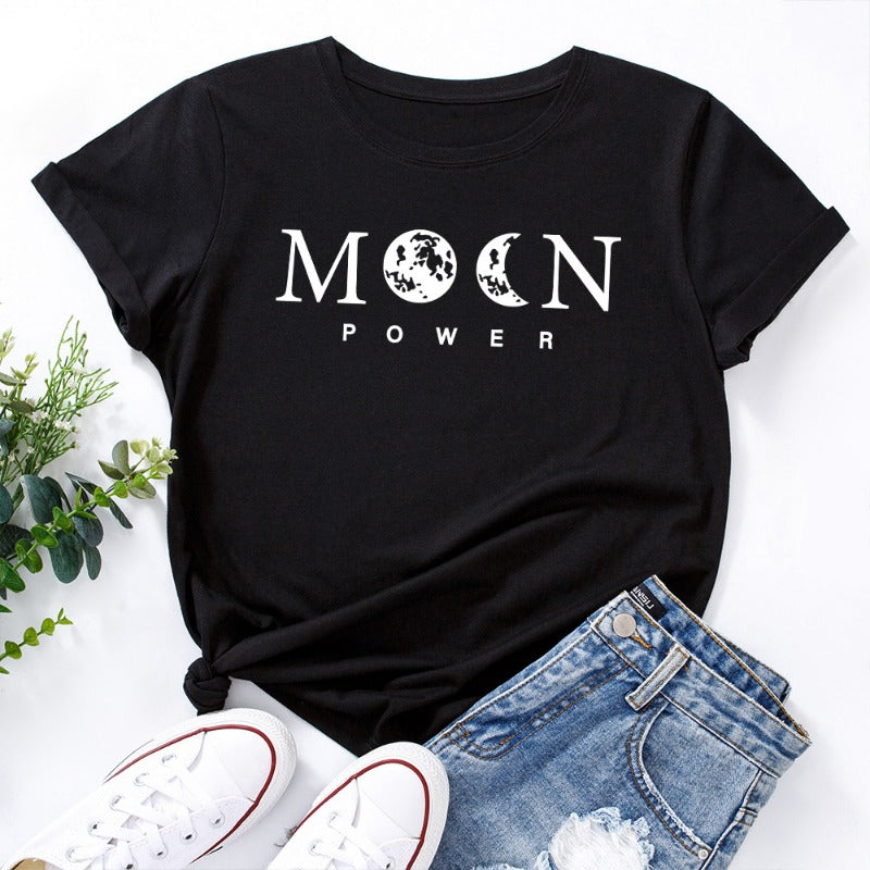 Women's Moon Power Print Loose Round Neck T-shirt