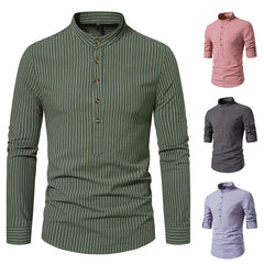 Stylish Henry Collar Men's Long Sleeve Striped Shirt