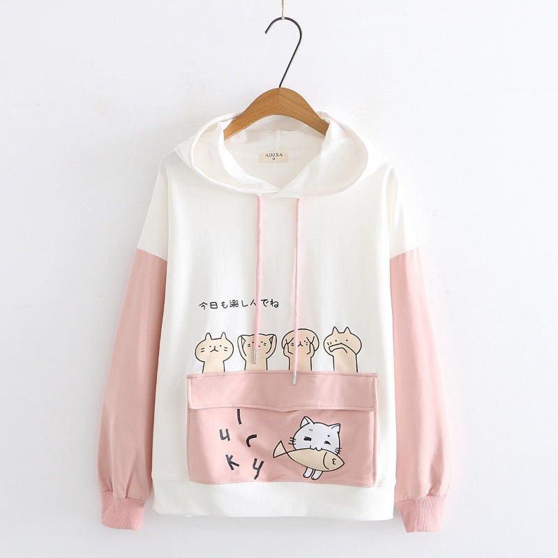 Japanese Style Women's Cat Eating Fish Printed Ears Hoodie