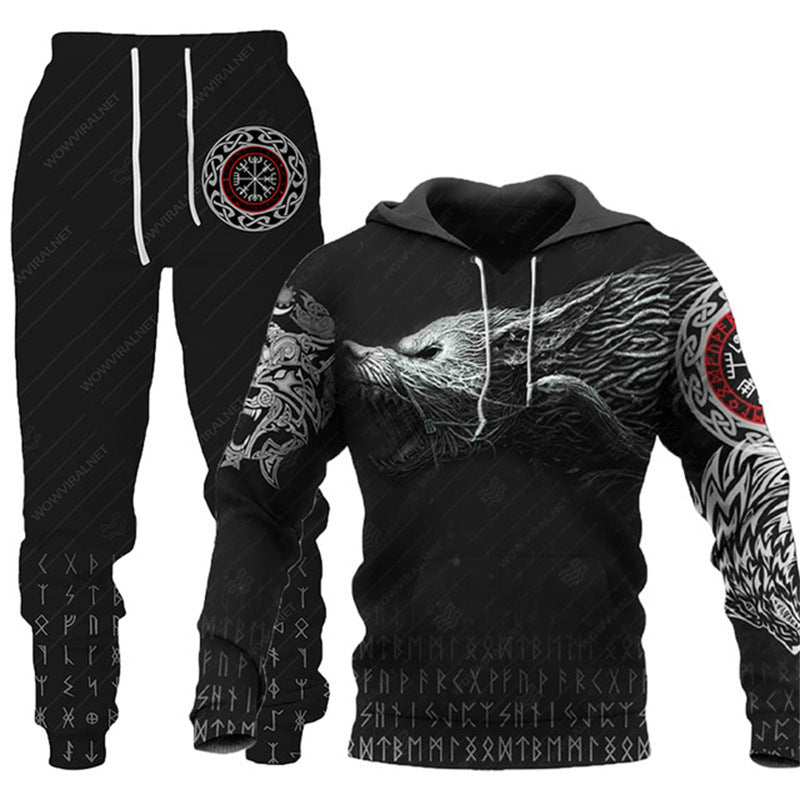 Trendy Men's 3D Animal Print Pullover Hoodie With Pants