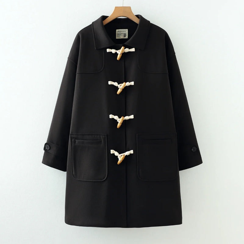 Preppy Style Horn Button Thickened Long Coat