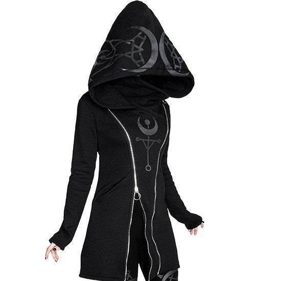 Chic Gothic Style Moon Printed Double Zipper Hoodie