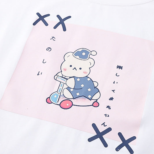 Japanese Style Cartoon Color Block Scooter Bear Print T-shirt