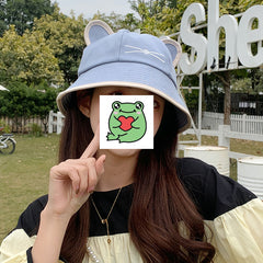 Cute Girls Cat Ears Embroidery Bucket Hat