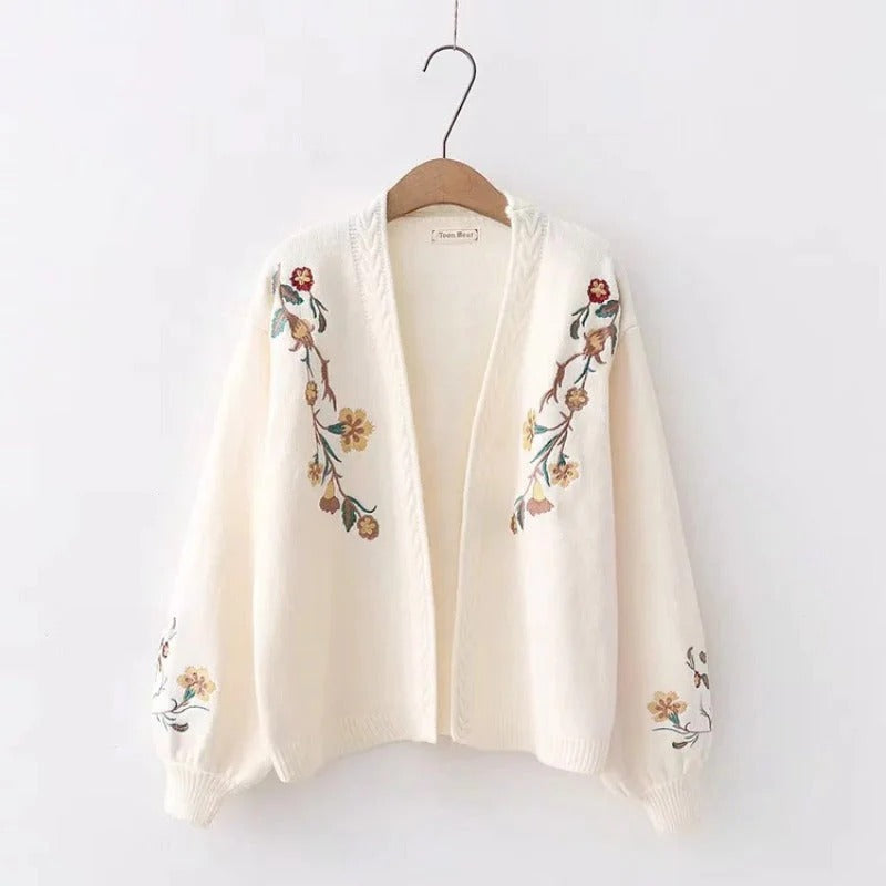 Casual Flower Embroidery Knitted Long-sleeved Cardigan