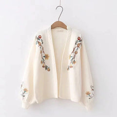 Casual Flower Embroidery Knitted Long-sleeved Cardigan