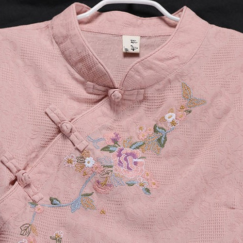 Ethnic Style Floral Embroidered Button Top T-shirt