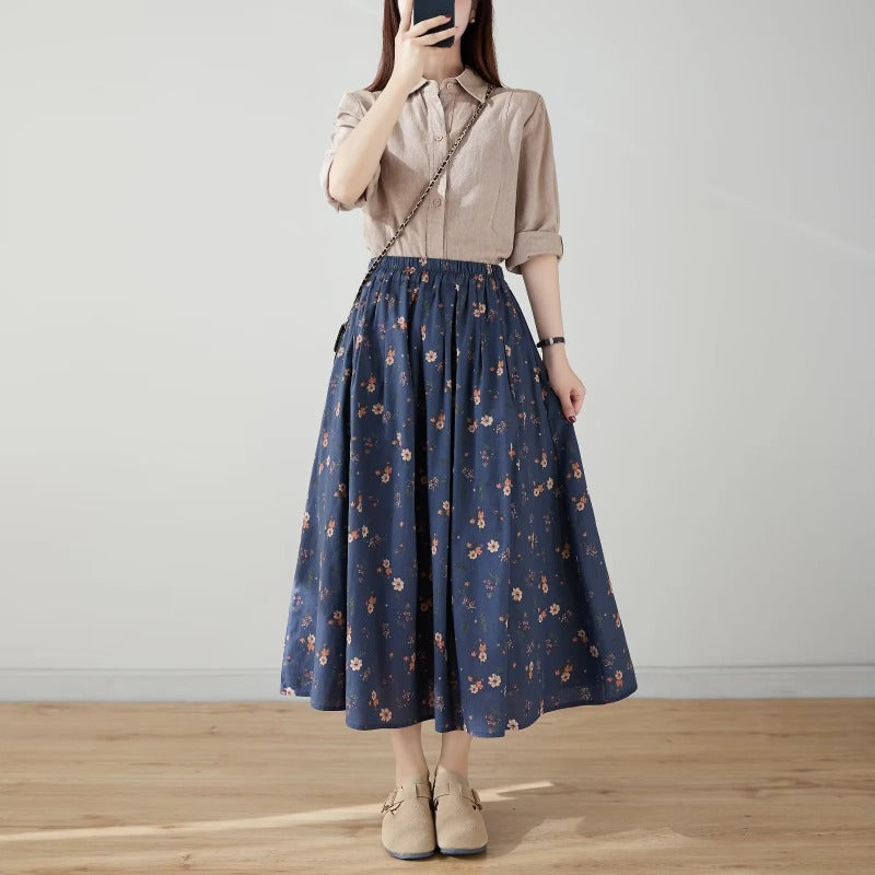 Retro Style Women's Elastic Waist Mid-length Floral Skirt