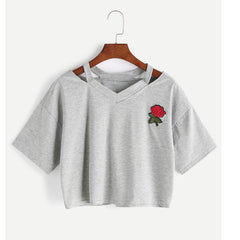 Sexy Rose Embroidered Short Sleeve Cropped T-shirt