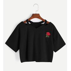 Sexy Rose Embroidered Short Sleeve Cropped T-shirt