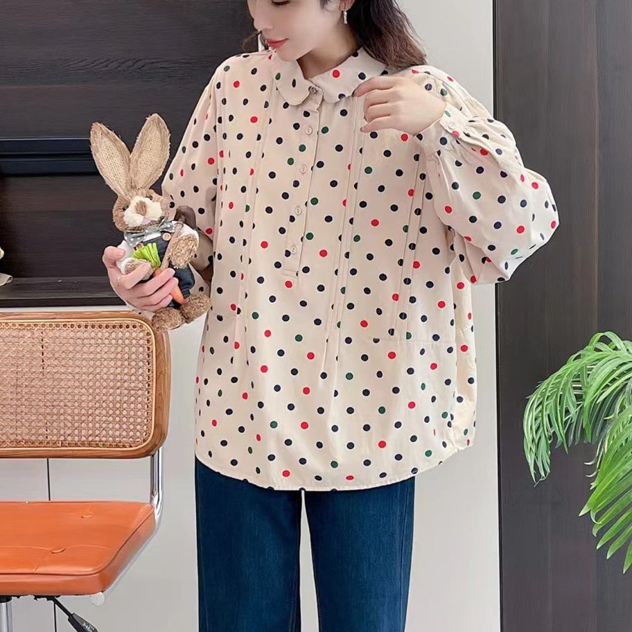 Japanese Style Polka Dot Print Loose Doll Collar Pullover Shirt