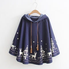 Cartoon Deer Elk Printed Bat Sleeve Hooded Cloak